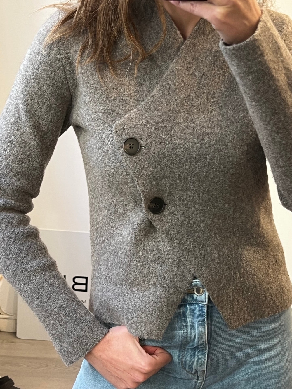 Zara Heather Gray Asymmetric Button Wool-Blend Cardigan
